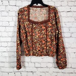 Self E Brown Floral Long Sleeve Square Neckline Crop Top Size L Lace